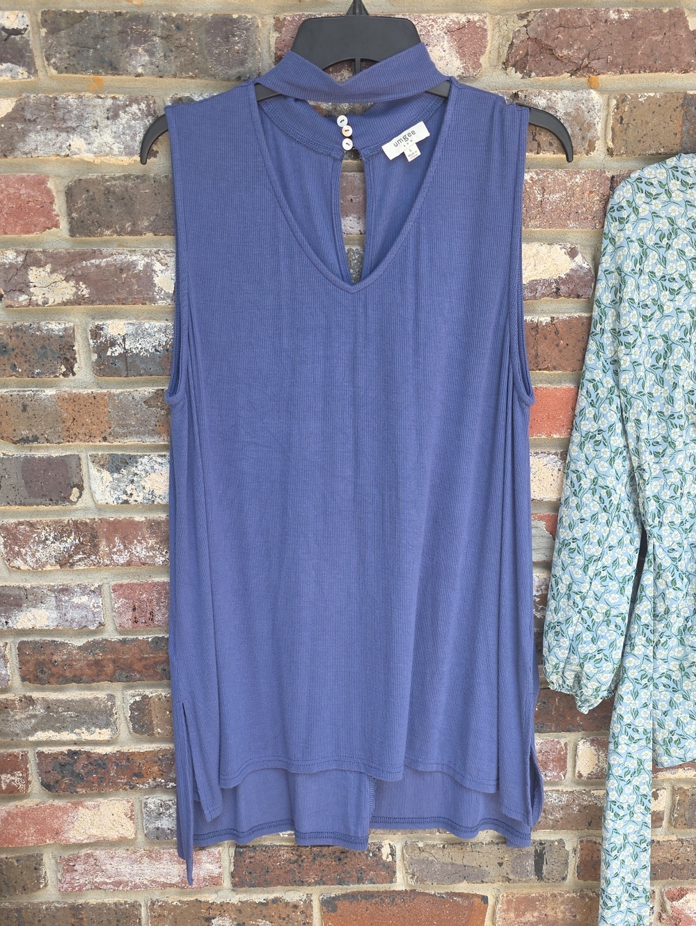 Umgee  Blue Choker V-Neck Sleeveless Tunic Top Summer Large
